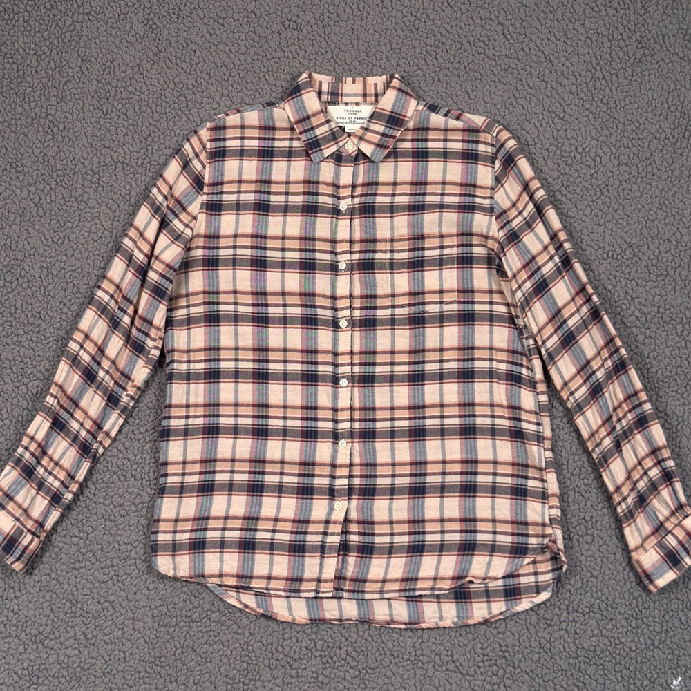 Trovata Birds of Paradis Plaid Button Down Shirt Peach Navy Blue Cotton Small